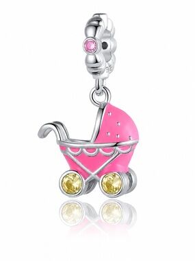 925 Pink Baby Stroller Carriage Charm New Mom Baby Shower Gift